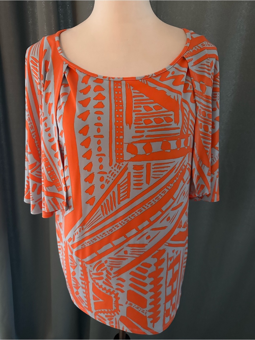 IMAN Women Large Orange Gray Abstract Print Flutter Sleeve Stretch Tunic Top